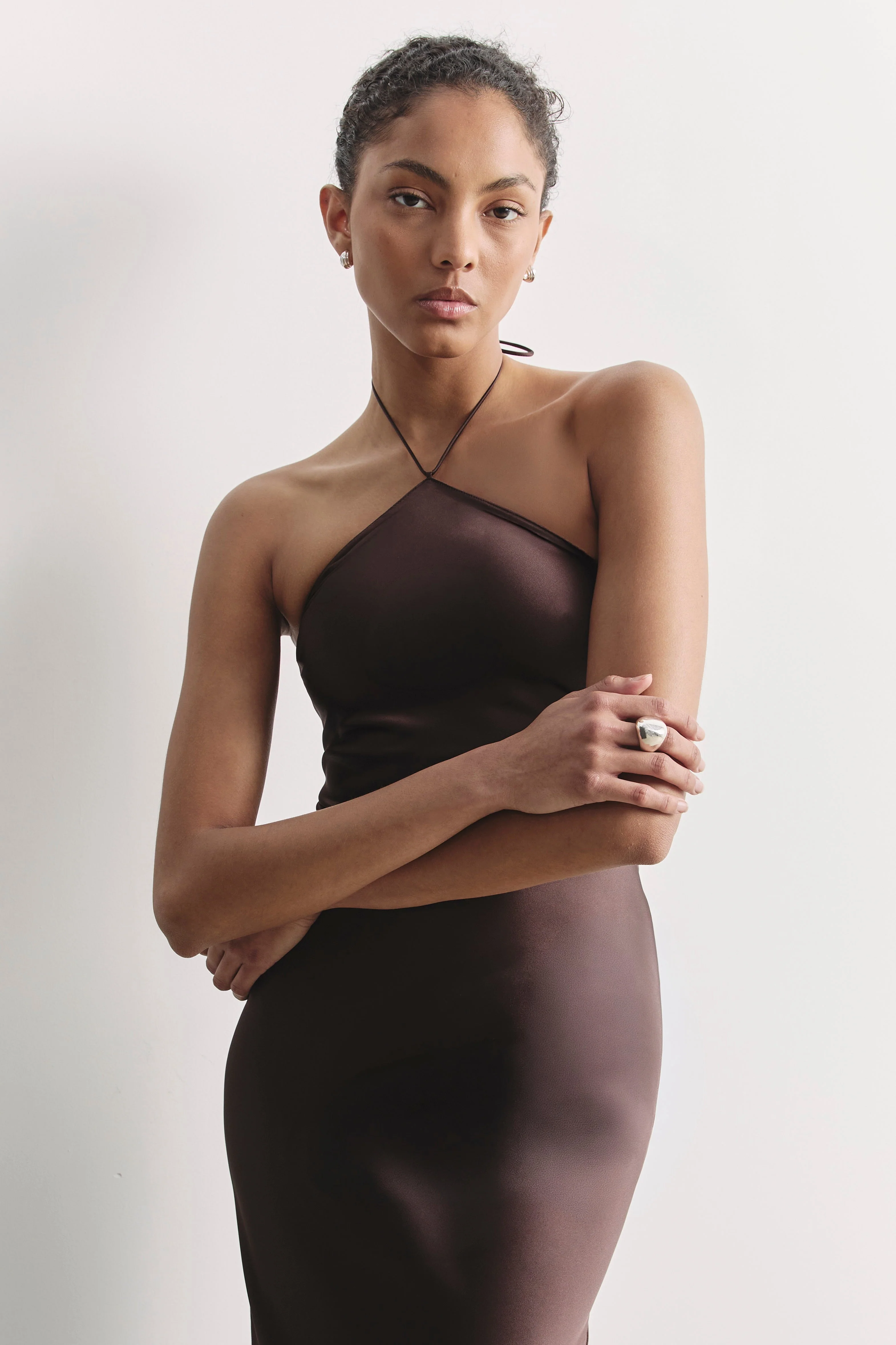 Clean Cut Satin Halterneck Gown - Carob - Image 3