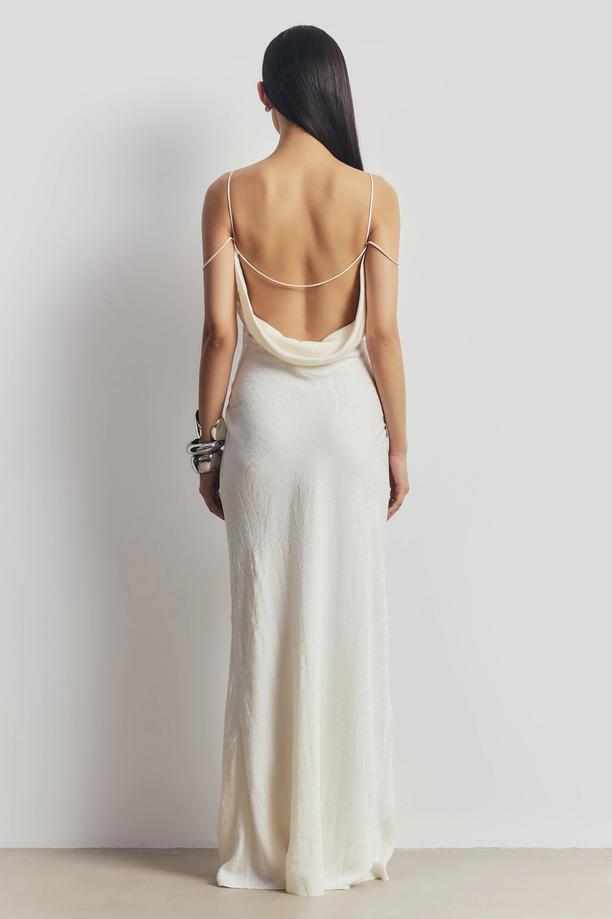 Satin Jacquard Cowl Back Camisole Maxi Dress - Cream - Image 2