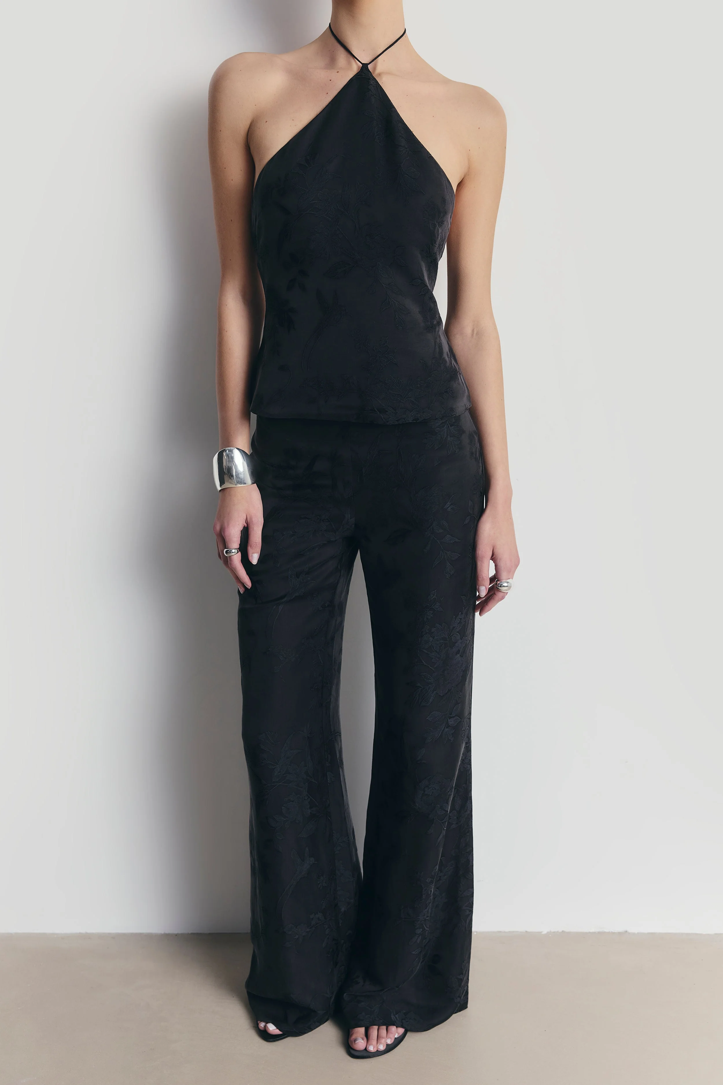 Cupro Jacquard Tailored Wide Leg Trousers - Charcoal - Image 3