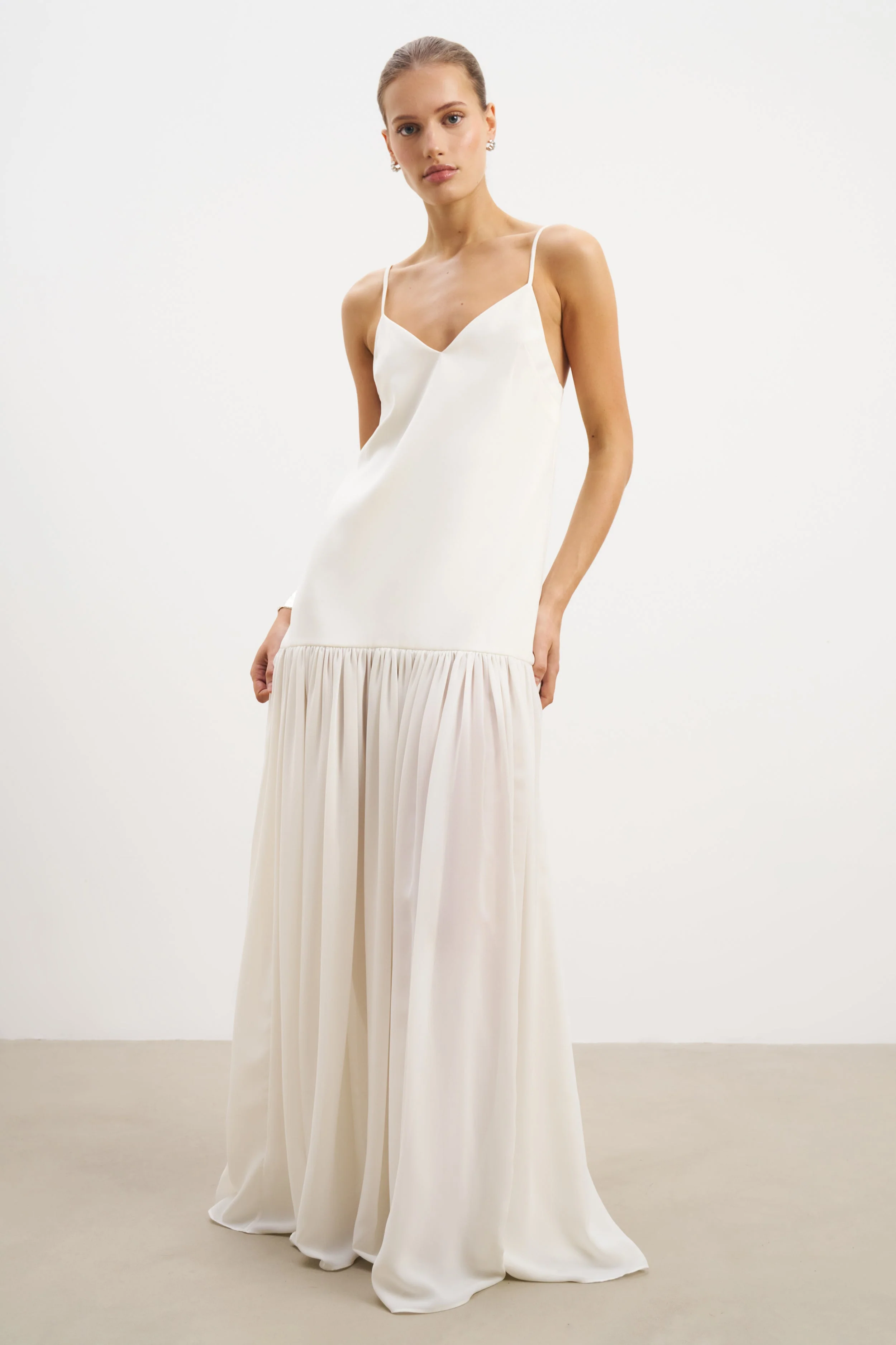 Flowing Dropped Waist Maxi Dress - Cream - Image 6