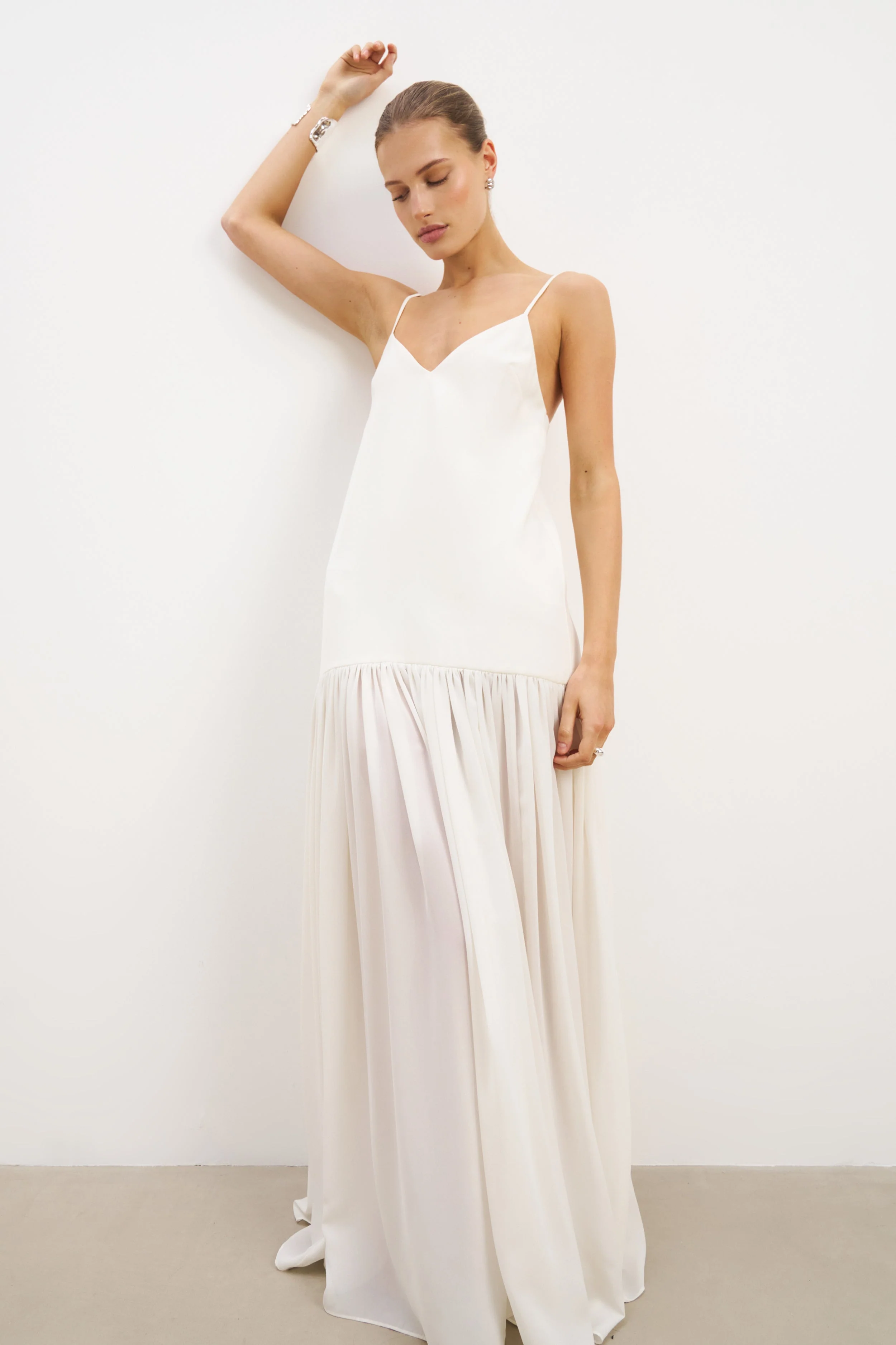 Flowing Dropped Waist Maxi Dress - Cream - Image 8