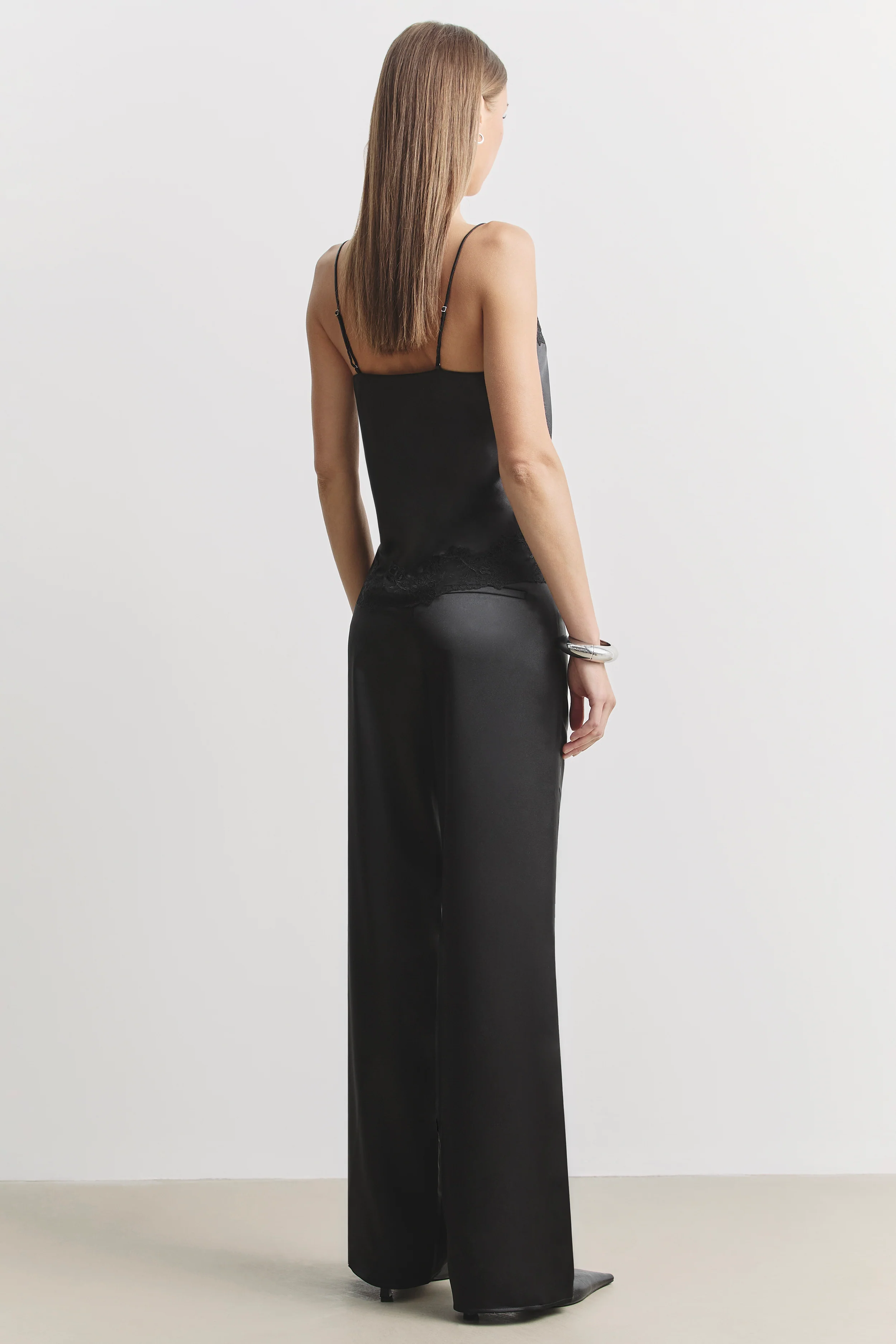 Formal Satin Straight Leg Trousers - Black - Image 3