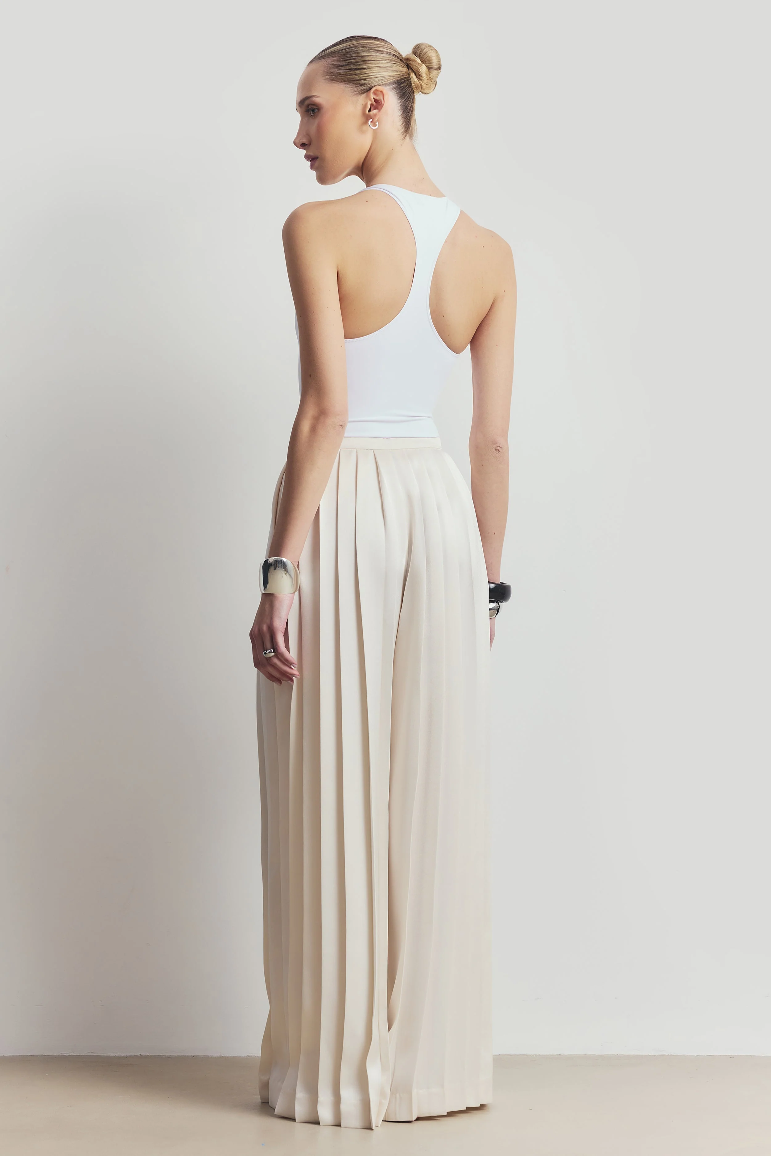 Pleated Satin Palazzo Trousers - Cream - Image 2