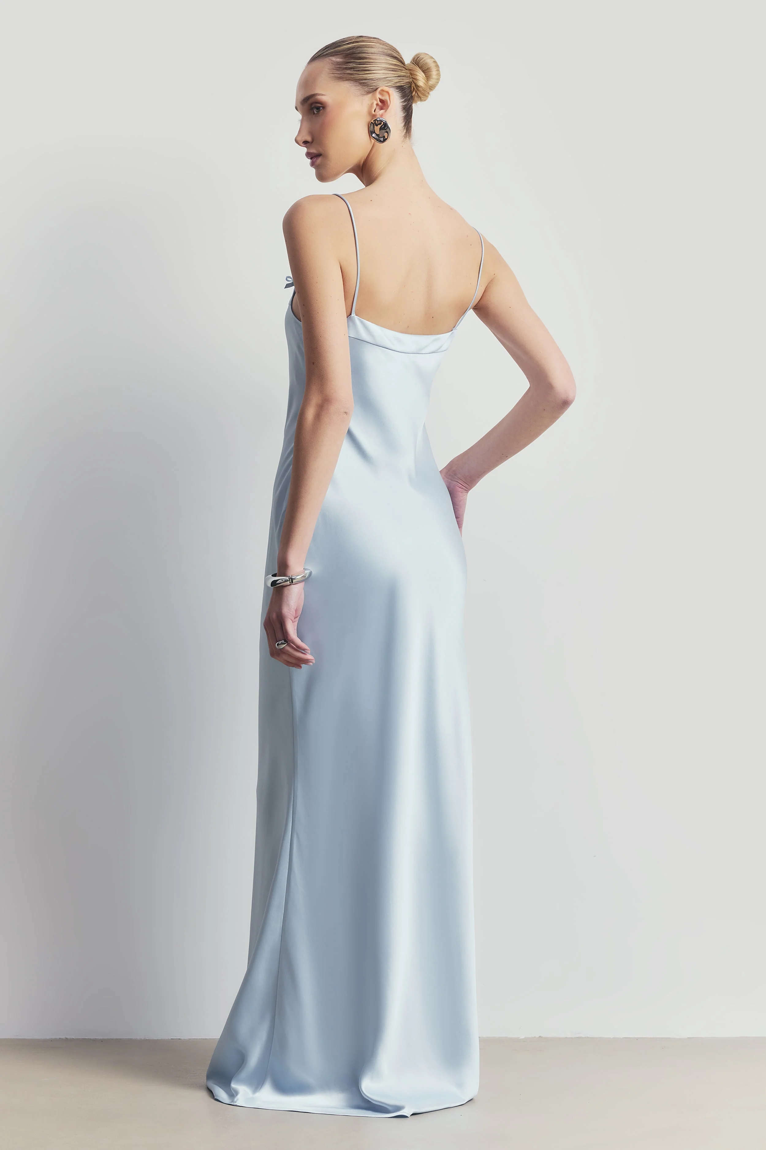 Satin 90's Slip Dress with Bow Detail - Powder Blue - Image 2