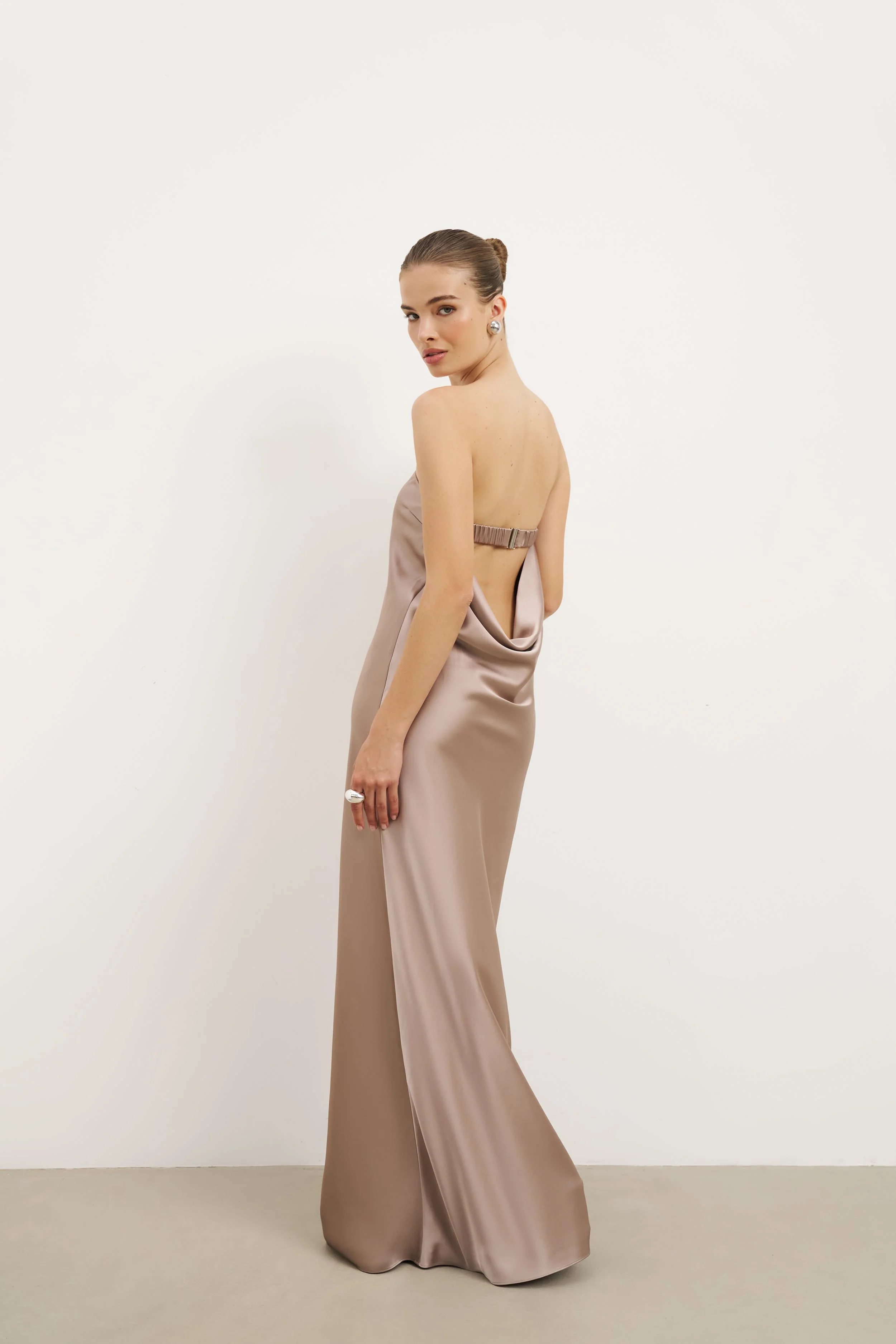 Satin Cowl Back Maxi Dress - Taupe - Image 9