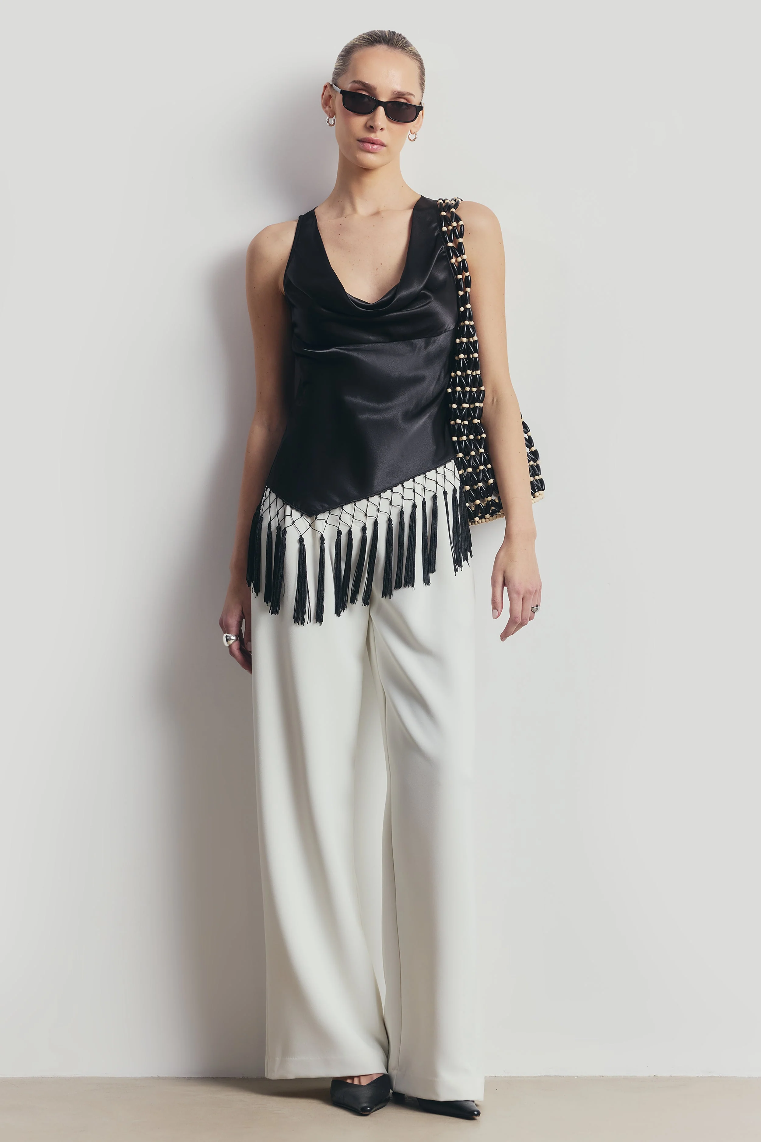 Satin Cowl Neck Tassel Hem Top - Black - Image 2