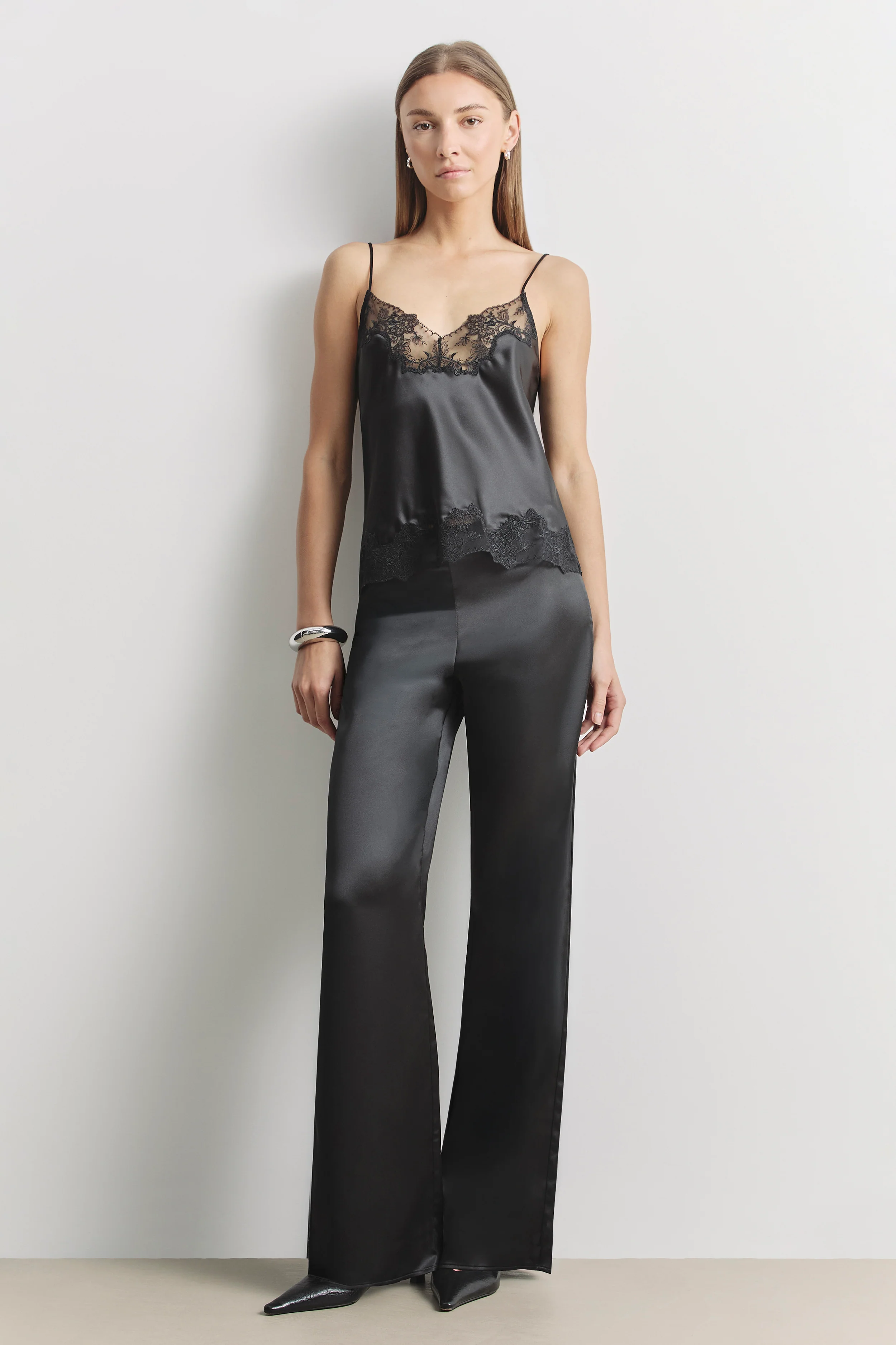 Satin Lace Detail Camisole - Black - Image 6