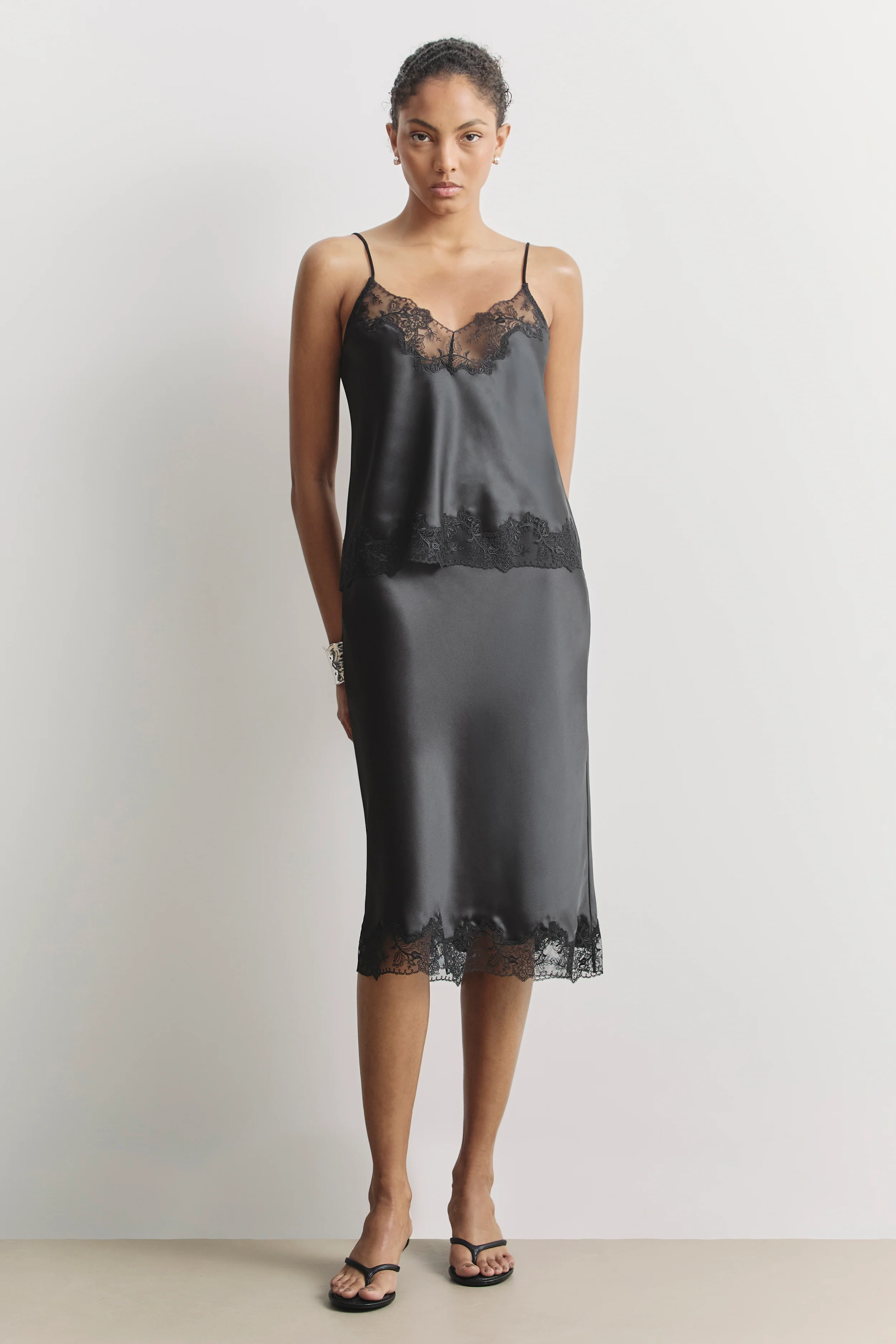 Satin Lace Detail Midi Skirt - Black - Image 6