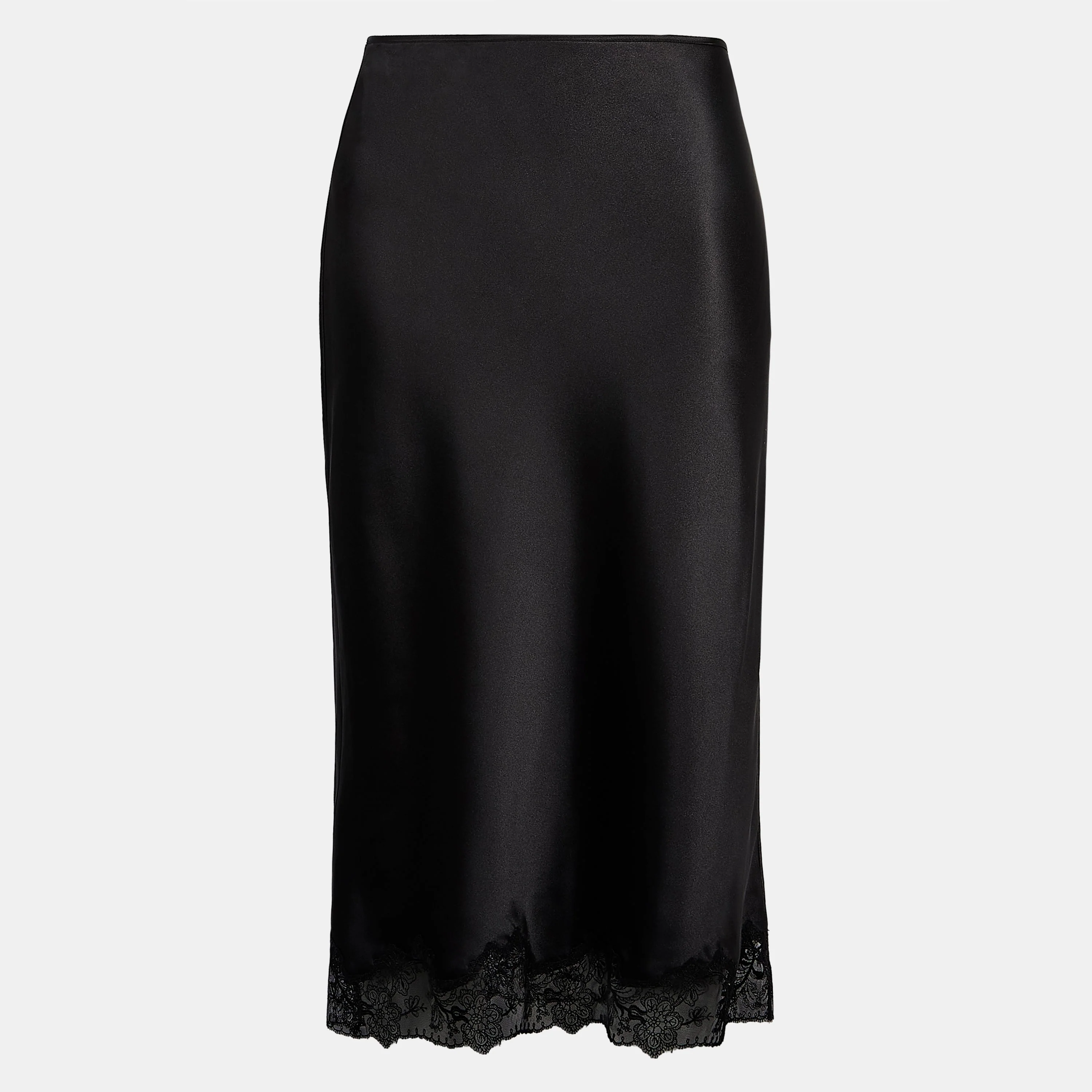 Satin Lace Detail Midi Skirt - Black - Image 8