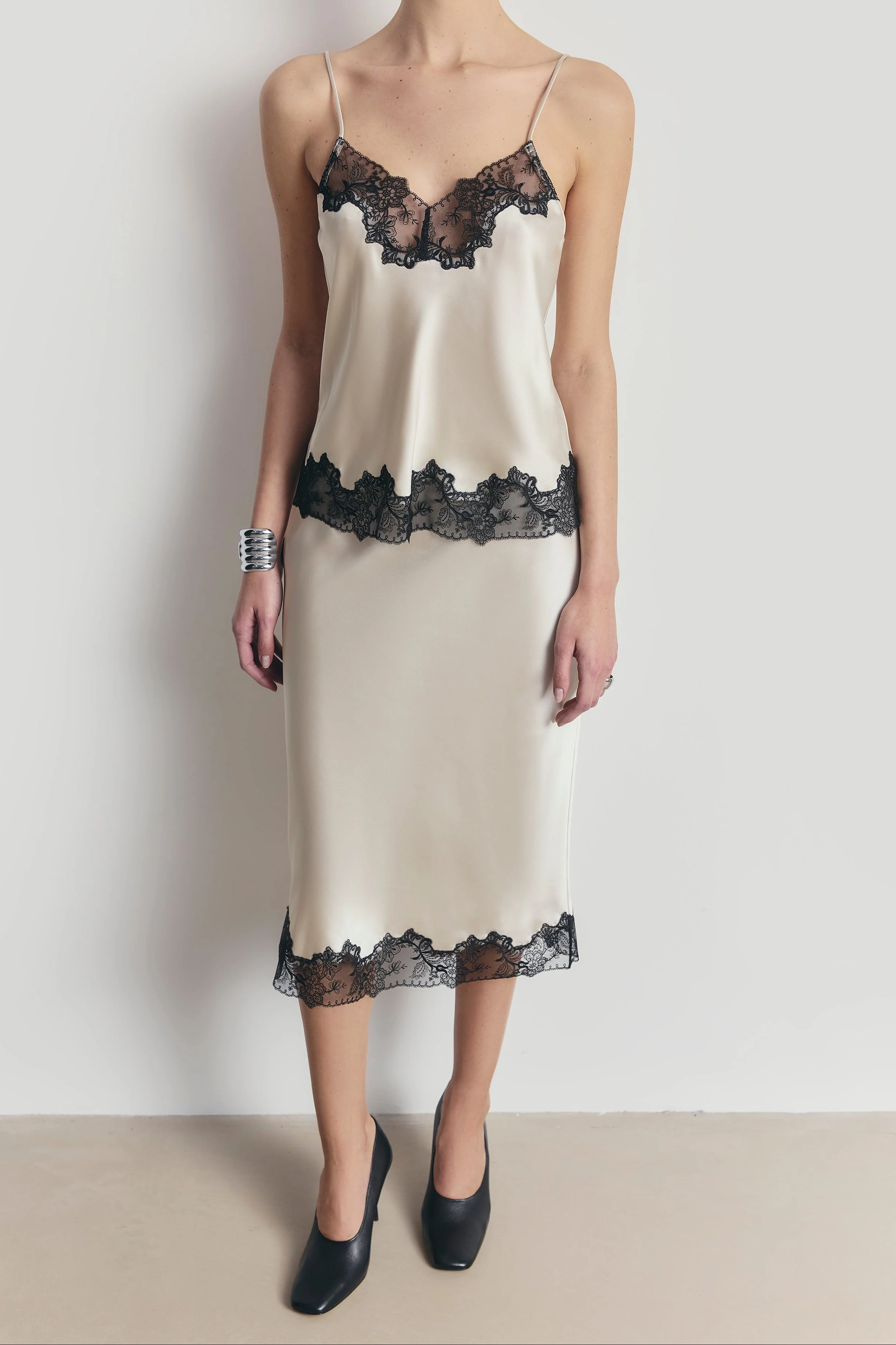 Satin Lace Detail Midi Skirt - Champagne/Black - Image 2