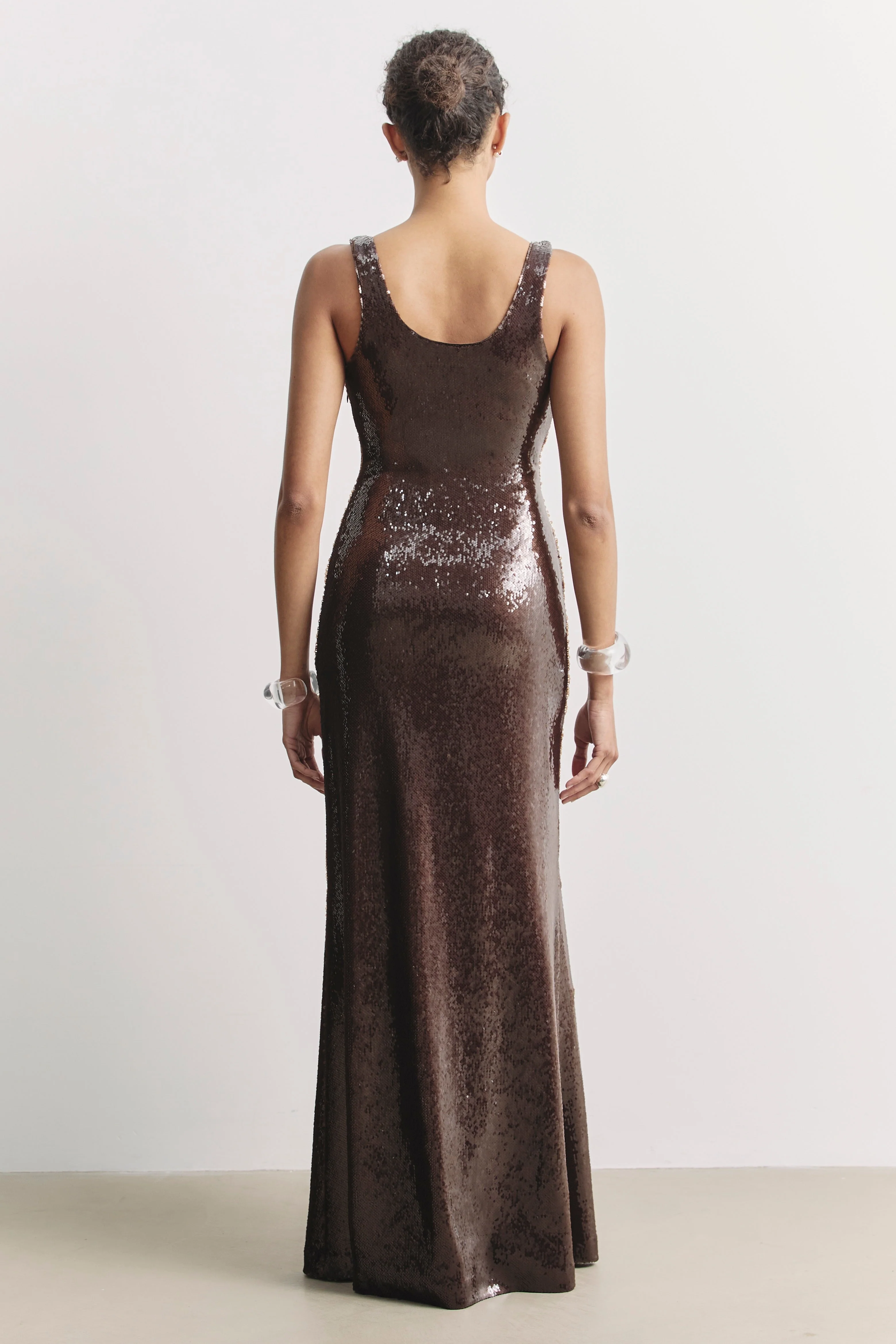 Sequin Scoop Neck Column Maxi Dress - Carob - Image 2