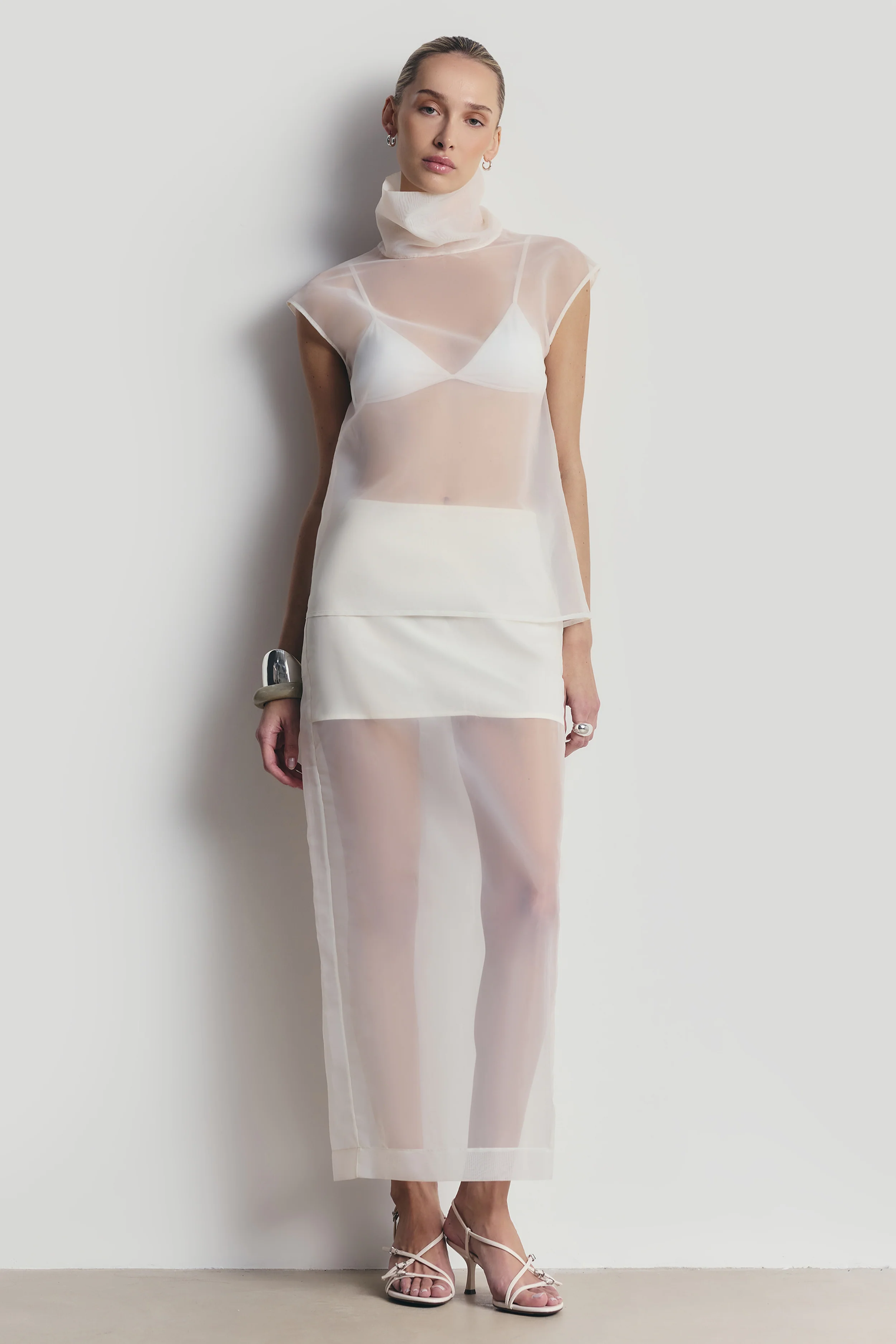 Sheer Organza Column Midi Skirt - Cream