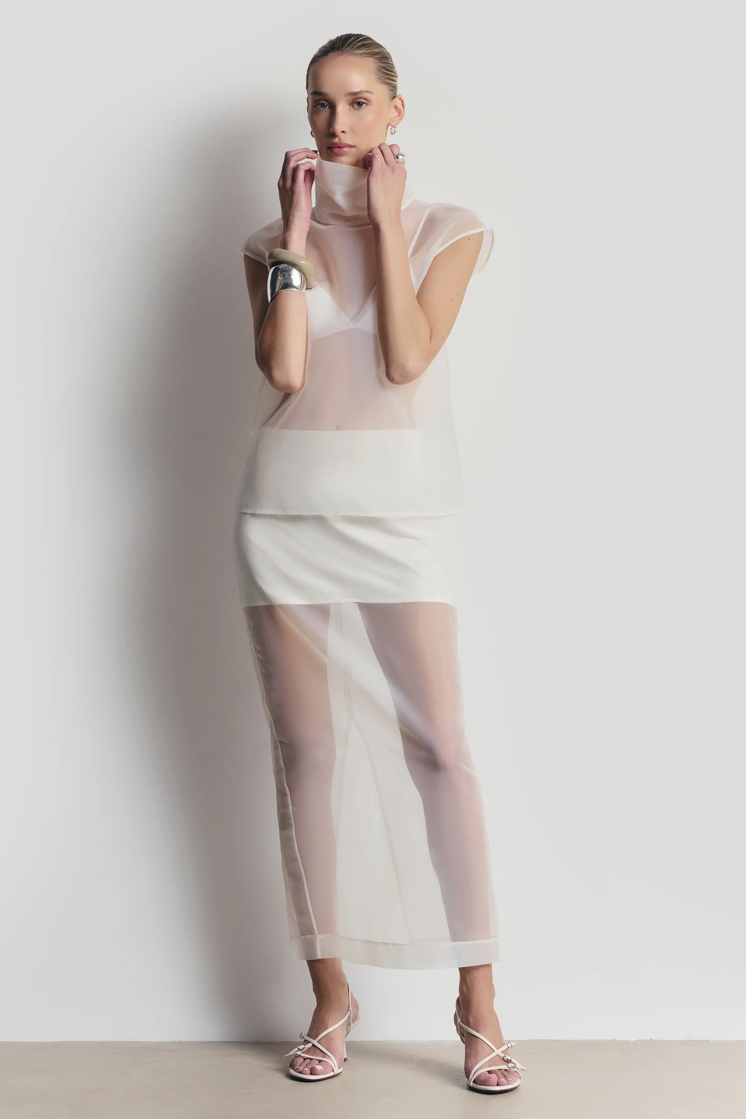 Sheer Organza Column Midi Skirt - Cream - Image 2