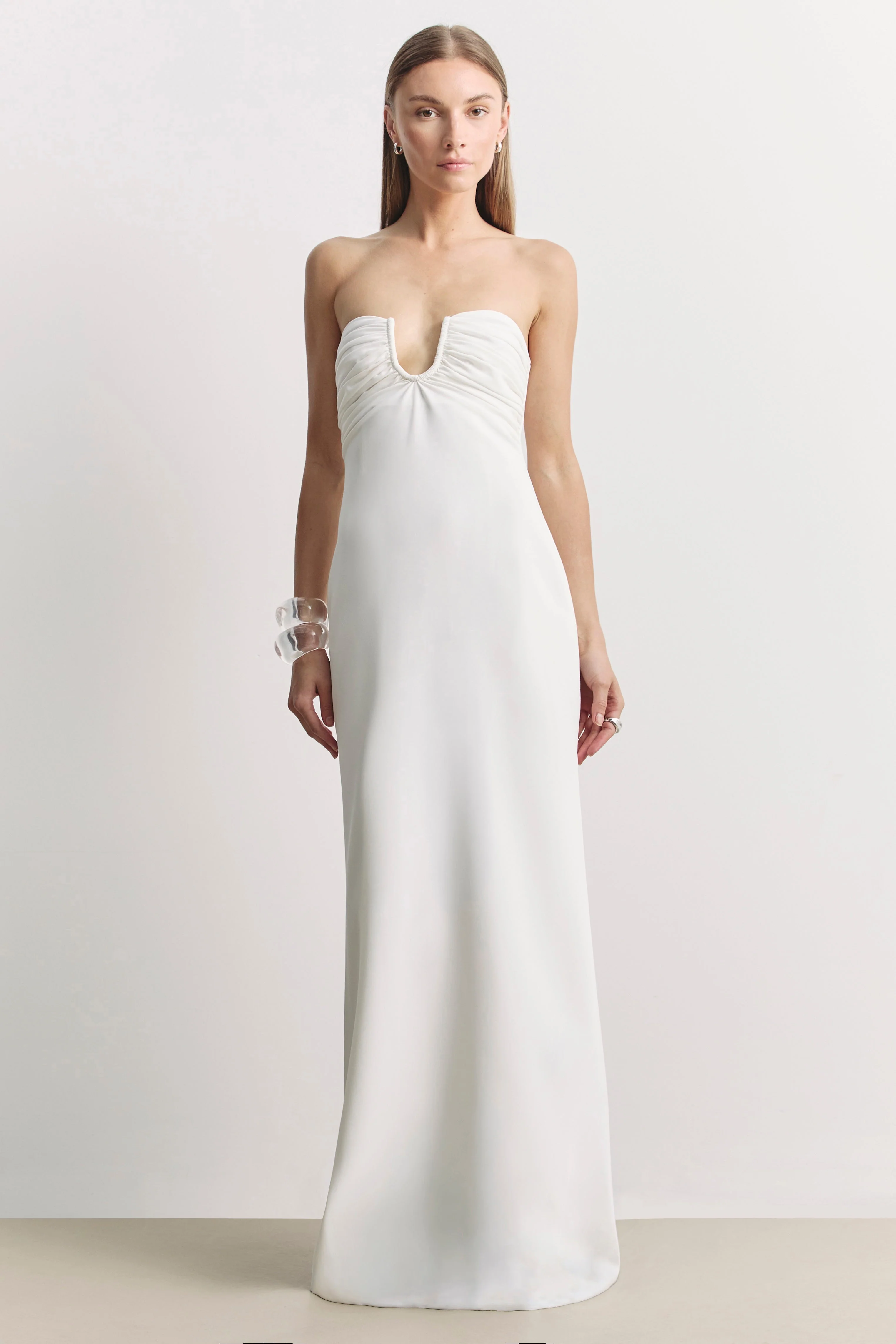 Strapless Ruched Bust Column Maxi Dress - White