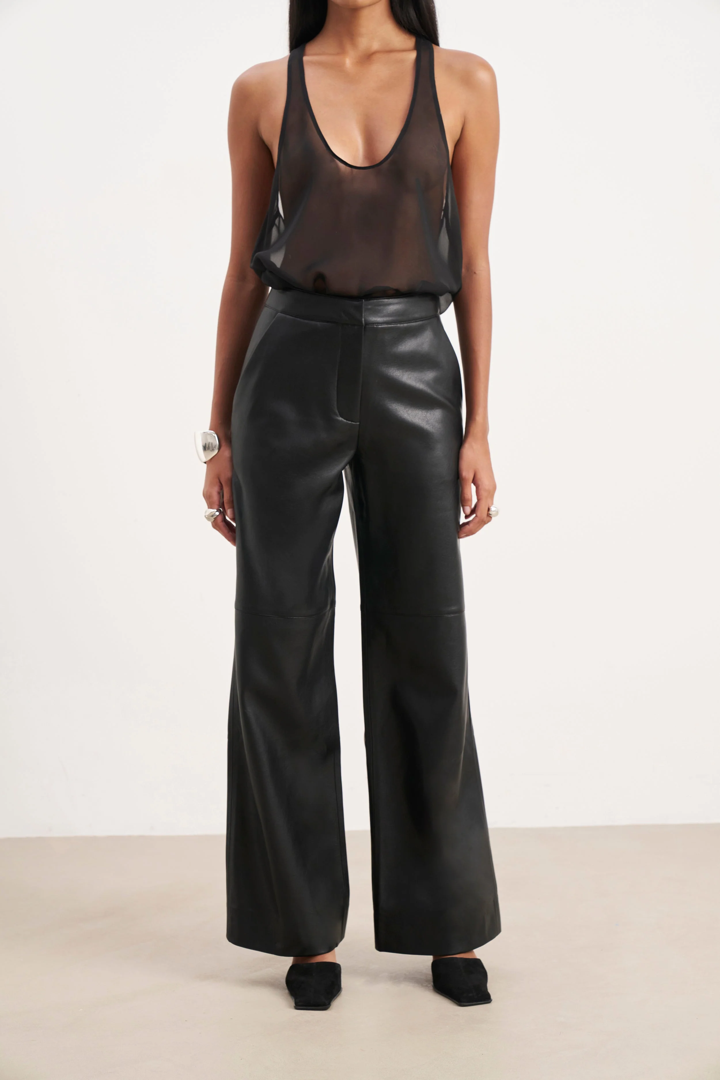 Tailored Leather Wide Leg Trousers - Black - Image 2